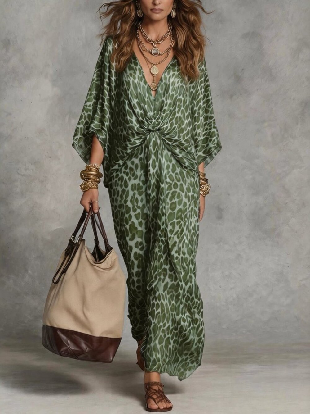 Green Leopard Print Maxi Dress | V-Neck Flared Dress